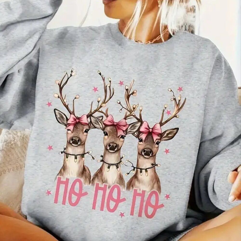 NEW GRAY & PINK HO HO HO REINDEER PINK BOW WINTER CHRISTMAS THICK SWEATSHIRT SM